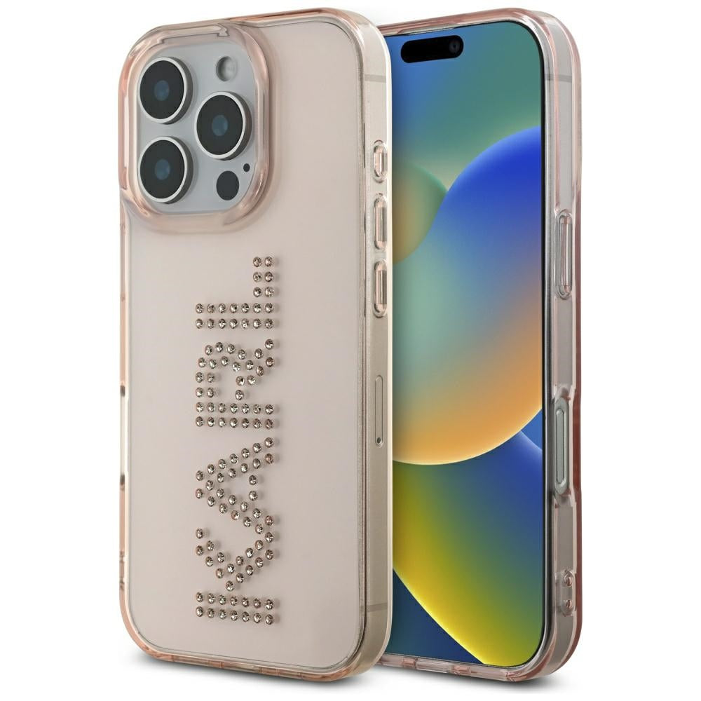 Etui na Apple iPhone 16 Pro Max, Karl Lagerfeld, IML Rhinestones Pink Logo, Różowy