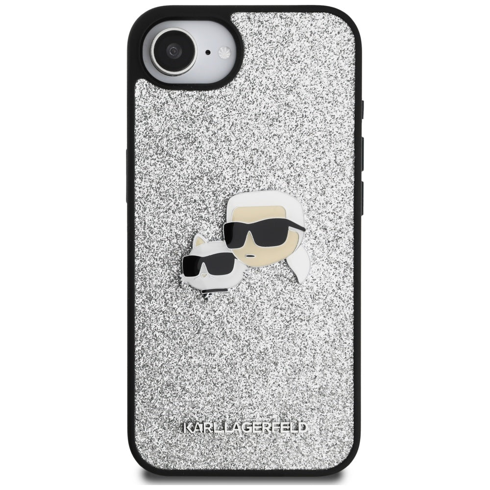 Etui na Apple iPhone 17e / 16e, Karl Lagerfeld, Glitter Fixed Karl & Choupette's Heads, Srebrne