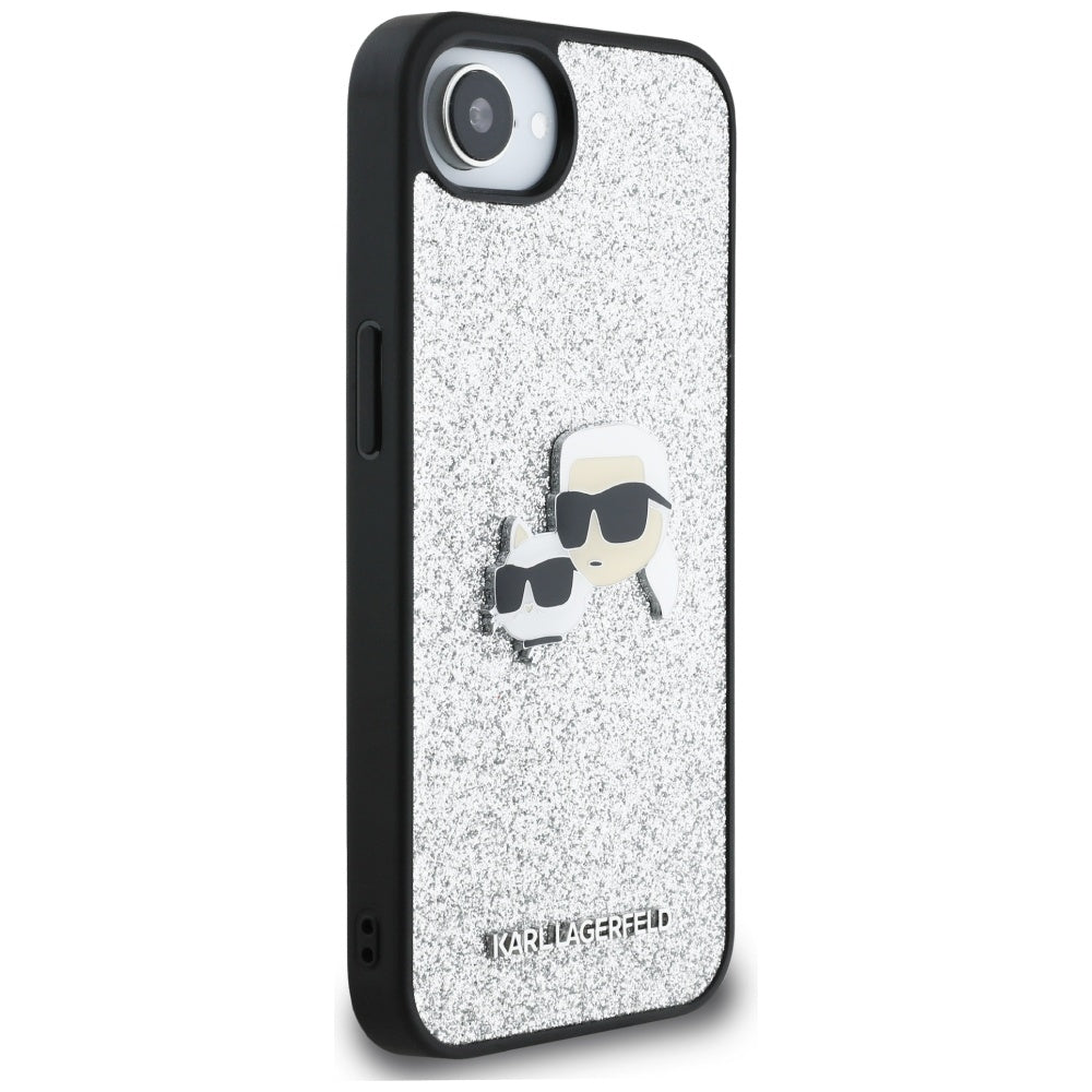 Etui na Apple iPhone 17e / 16e, Karl Lagerfeld, Glitter Fixed Karl & Choupette's Heads, Srebrne