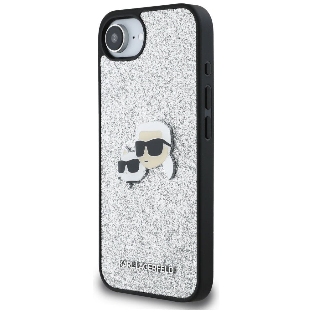 Etui na Apple iPhone 17e / 16e, Karl Lagerfeld, Glitter Fixed Karl & Choupette's Heads, Srebrne