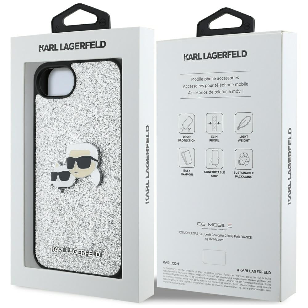 Etui na Apple iPhone 17e / 16e, Karl Lagerfeld, Glitter Fixed Karl & Choupette's Heads, Srebrne