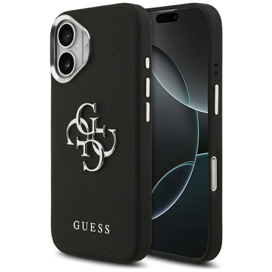Etui na Apple iPhone 17, Guess, 4G Grained Big and Classic Logo, Czarne Srebrzyste