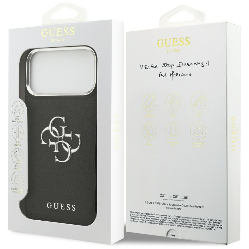 Etui na Apple iPhone 17 Pro, Guess, 4G Grained Big and Classic Logo, Czarne Srebrne
