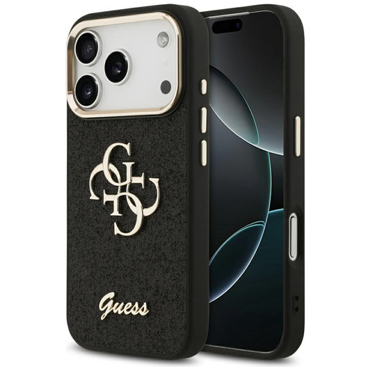 Etui na Apple iPhone 17 Pro, Guess, Fixed Glitter Big 4G Metal Frame, Czarne