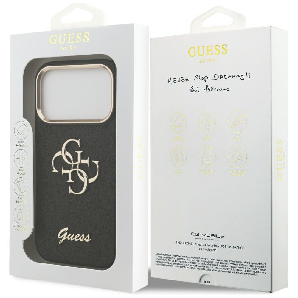 Etui na Apple iPhone 17 Pro, Guess, Fixed Glitter Big 4G Metal Frame, Czarne