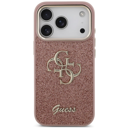 Etui na Apple iPhone 17 Pro, Guess, Fixed Glitter Big 4G Metal Frame, Różowy
