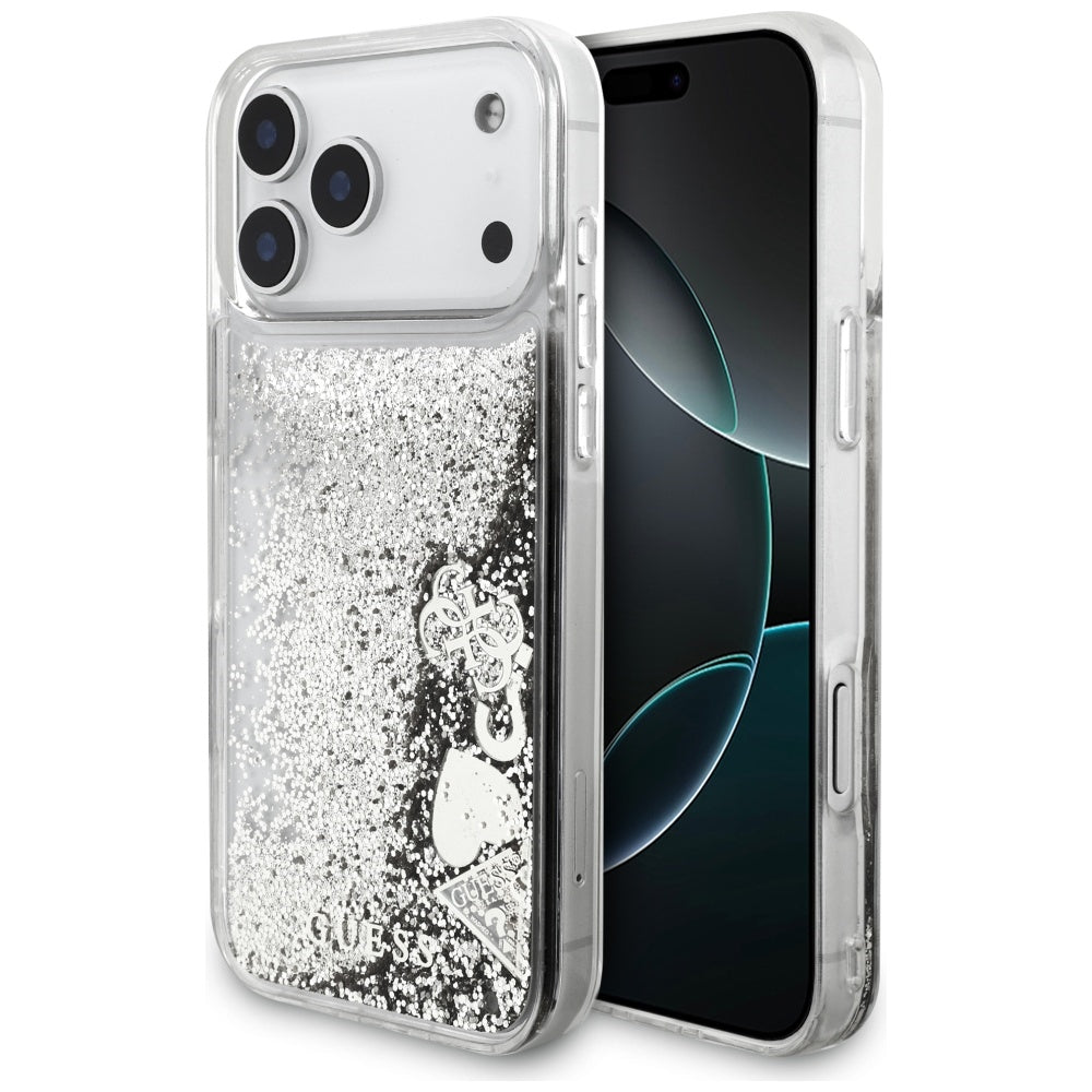 Etui na Apple iPhone 17 Pro, Guess, Liquid Glitter Charms, Srebrne