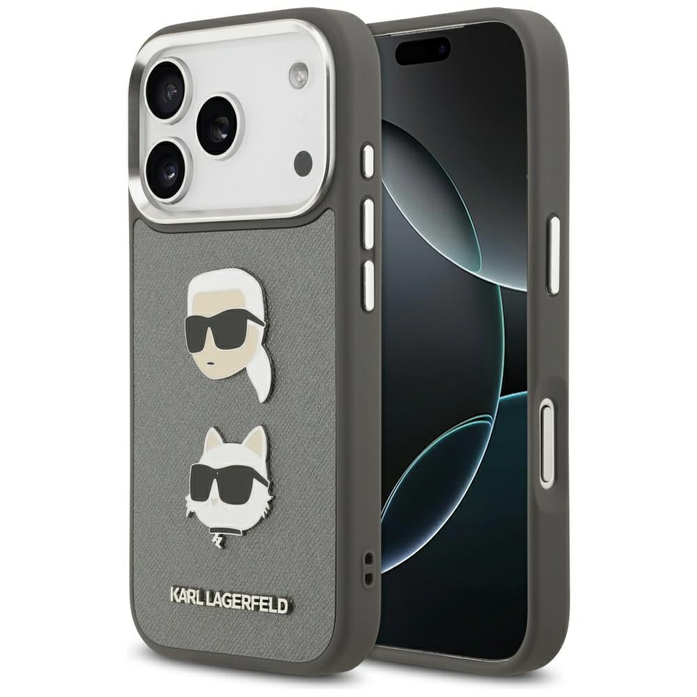 Etui na Apple iPhone 17 Pro, Karl Lagerfeld, Grained Karl & Choupette's Heads Pins and Logo, Szary