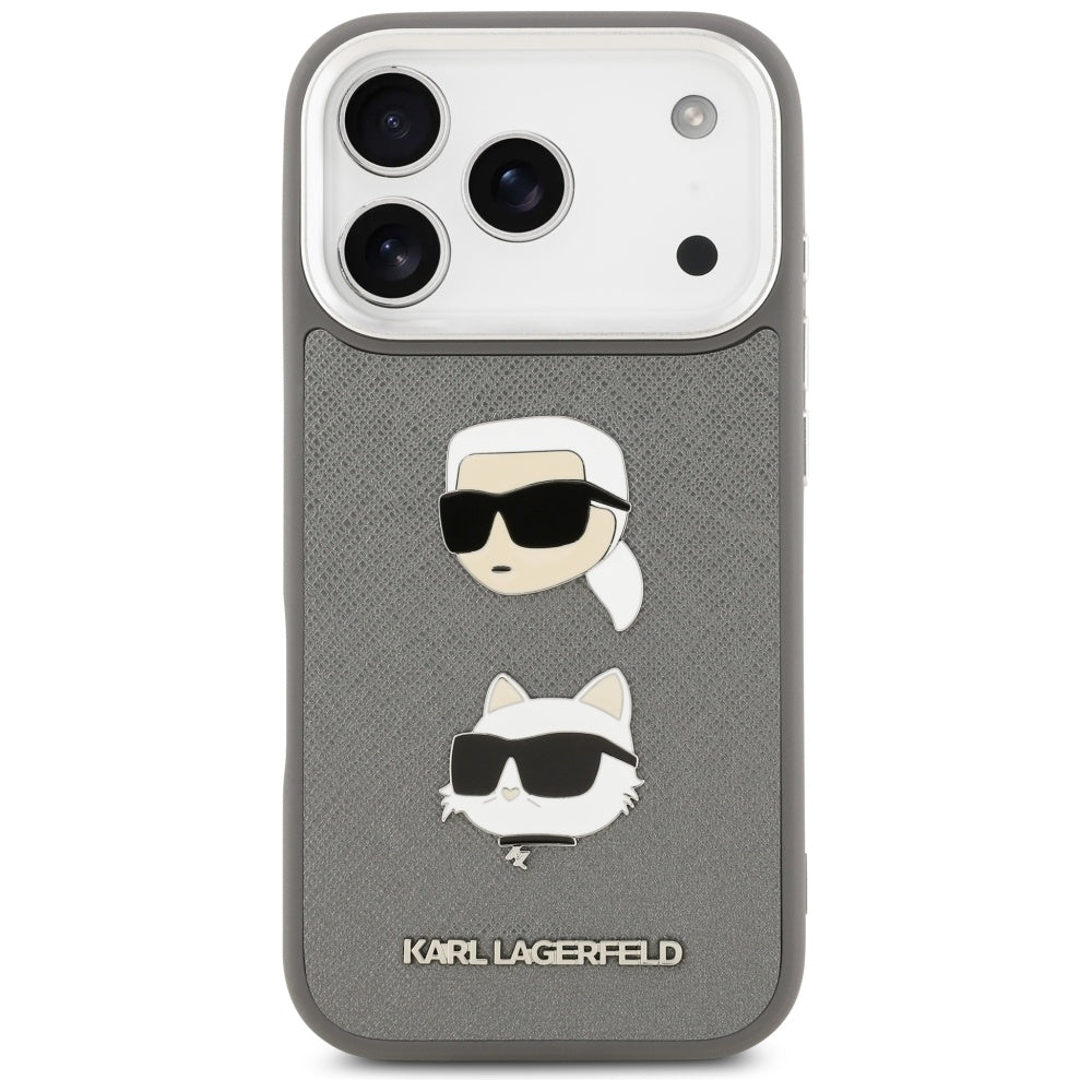 Etui na Apple iPhone 17 Pro, Karl Lagerfeld, Grained Karl & Choupette's Heads Pins and Logo, Szary