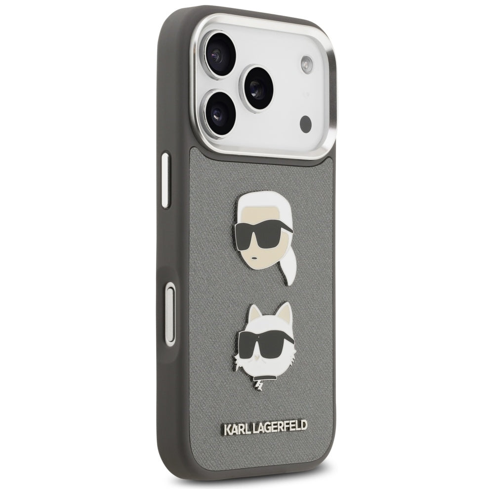 Etui na Apple iPhone 17 Pro, Karl Lagerfeld, Grained Karl & Choupette's Heads Pins and Logo, Szary