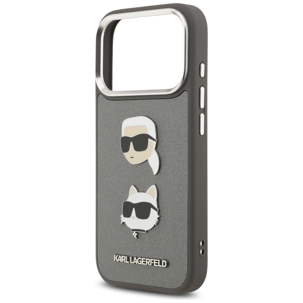 Etui na Apple iPhone 17 Pro, Karl Lagerfeld, Grained Karl & Choupette's Heads Pins and Logo, Szary
