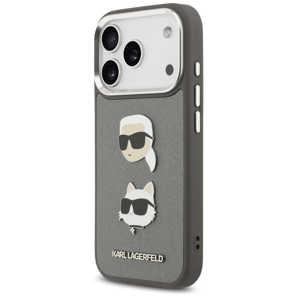 Etui na Apple iPhone 17 Pro, Karl Lagerfeld, Grained Karl & Choupette's Heads Pins and Logo, Szary