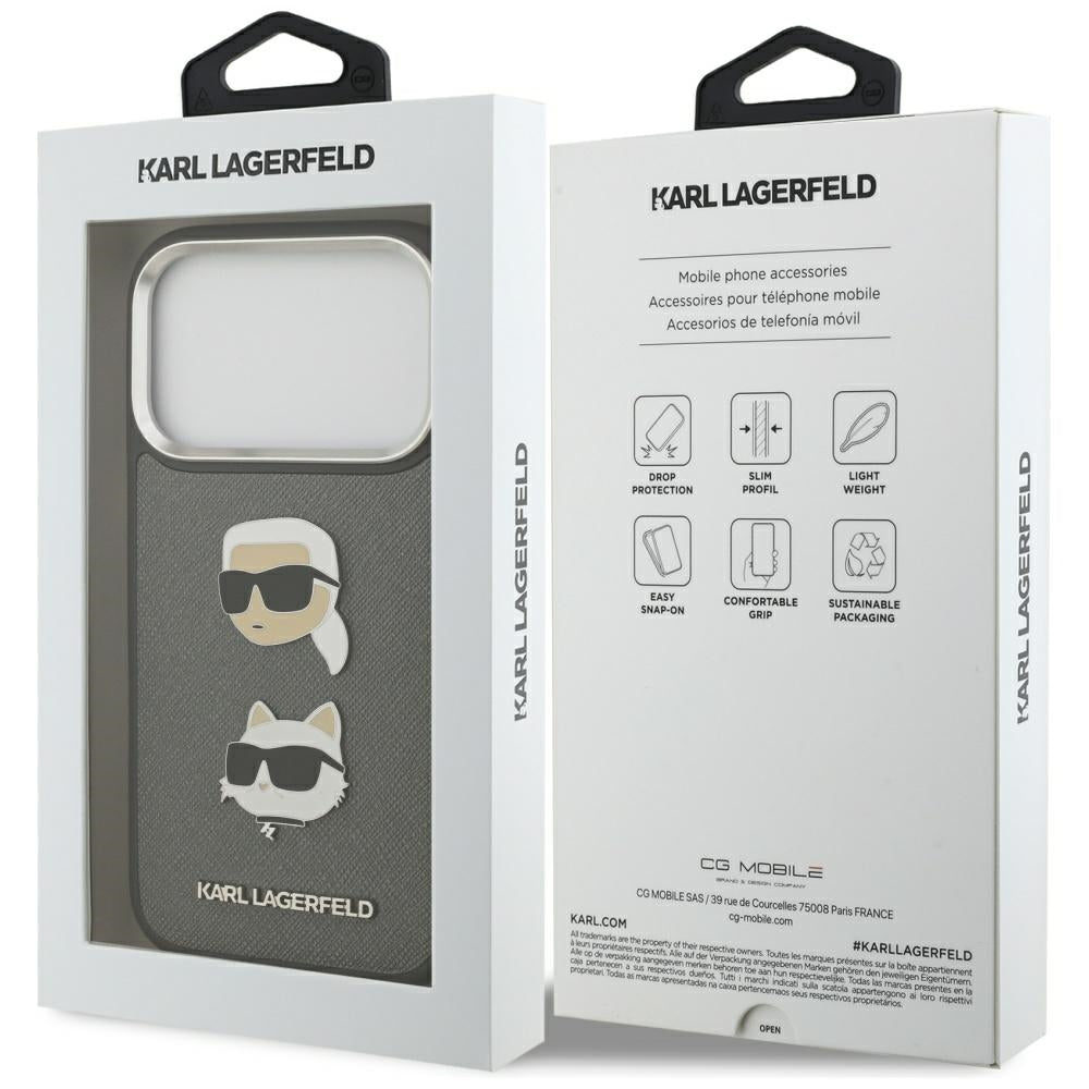 Etui na Apple iPhone 17 Pro, Karl Lagerfeld, Grained Karl & Choupette's Heads Pins and Logo, Szary