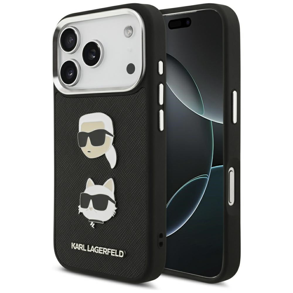 Etui na Apple iPhone 17 Pro, Karl Lagerfeld, Grained Karl & Choupette's Heads Pins and Logo, Czarne