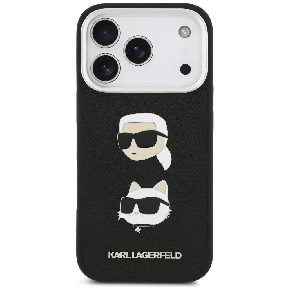 Etui na Apple iPhone 17 Pro, Karl Lagerfeld, Grained Karl & Choupette's Heads Pins and Logo, Czarne