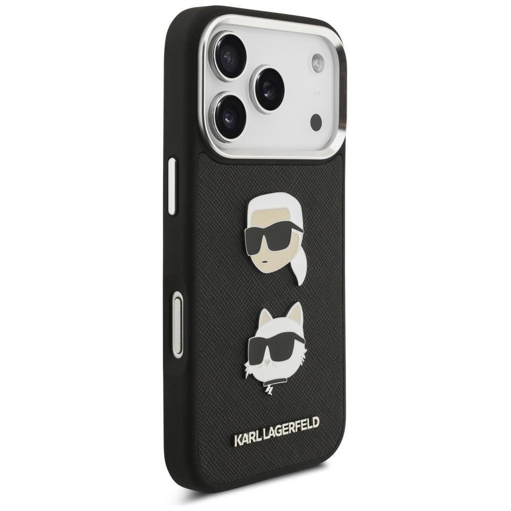Etui na Apple iPhone 17 Pro, Karl Lagerfeld, Grained Karl & Choupette's Heads Pins and Logo, Czarne