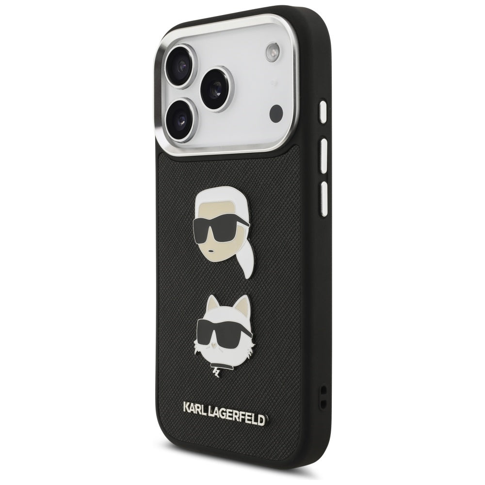 Etui na Apple iPhone 17 Pro, Karl Lagerfeld, Grained Karl & Choupette's Heads Pins and Logo, Czarne