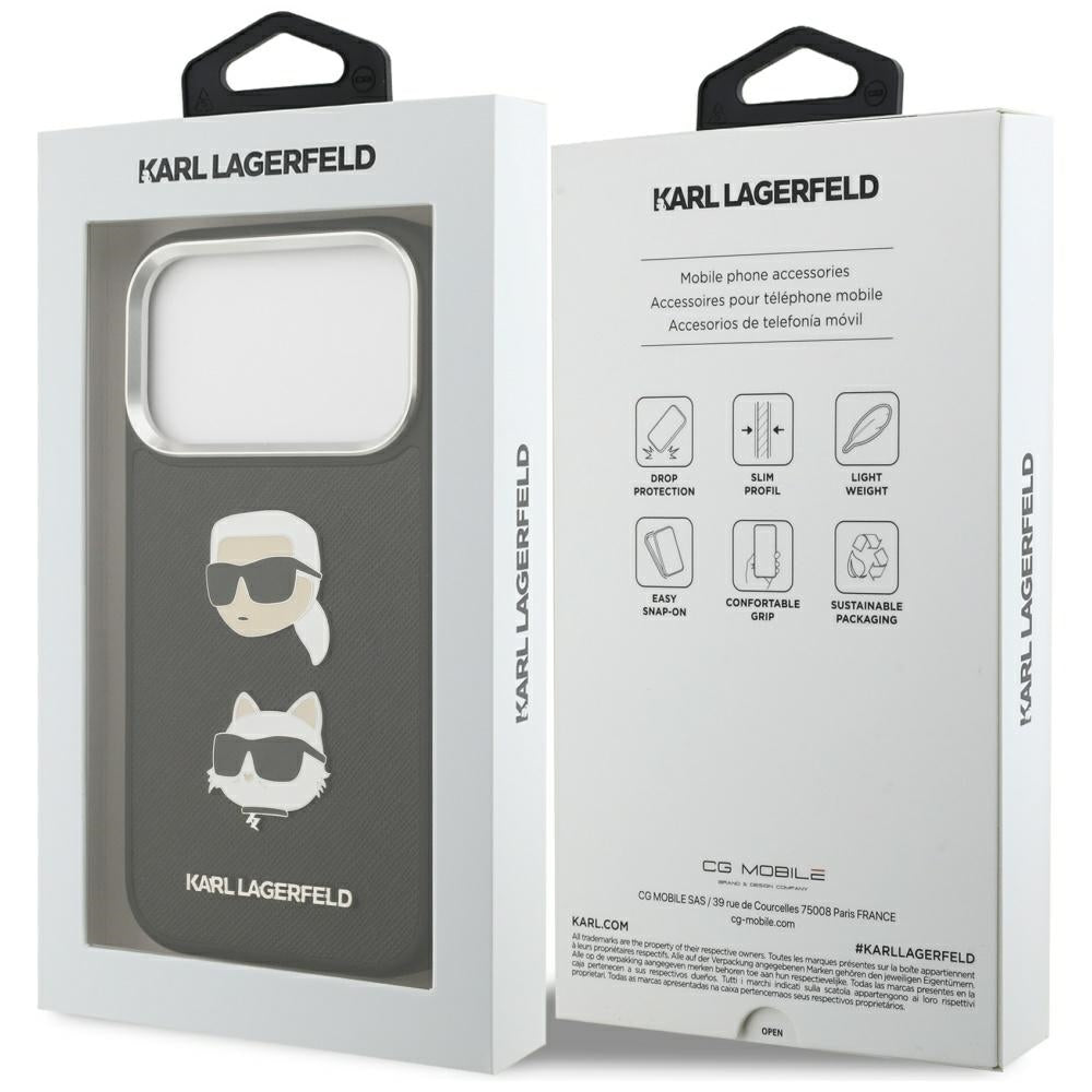 Etui na Apple iPhone 17 Pro, Karl Lagerfeld, Grained Karl & Choupette's Heads Pins and Logo, Czarne