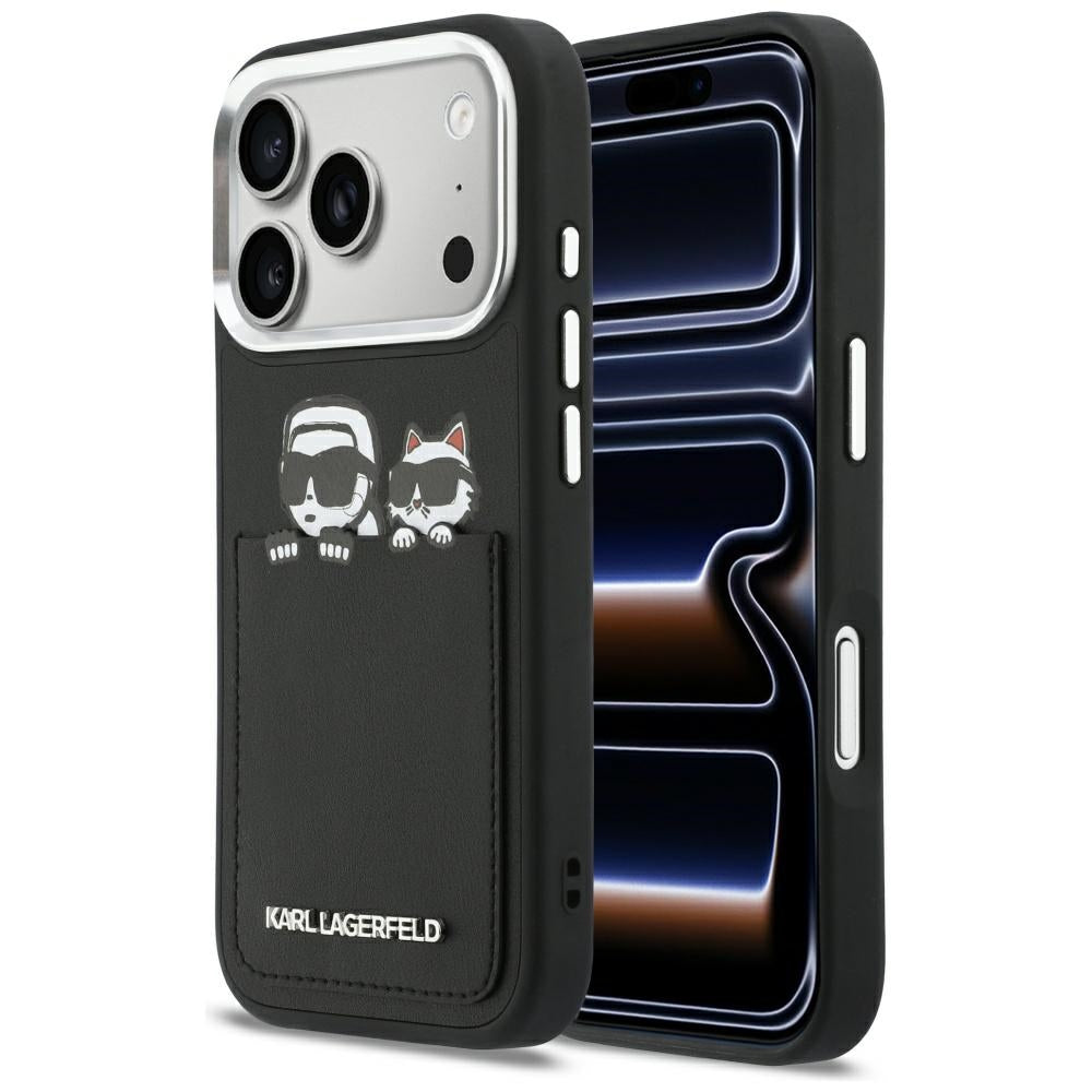 Etui na Apple iPhone 17 Pro, Karl Lagerfeld, Karl & Choupette Print with Pocket, Czarne