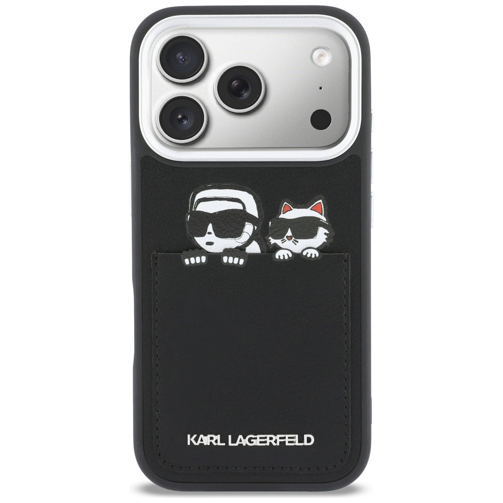 Etui na Apple iPhone 17 Pro, Karl Lagerfeld, Karl & Choupette Print with Pocket, Czarne