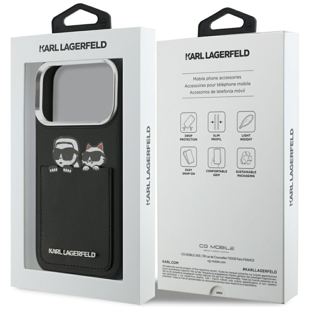 Etui na Apple iPhone 17 Pro, Karl Lagerfeld, Karl & Choupette Print with Pocket, Czarne