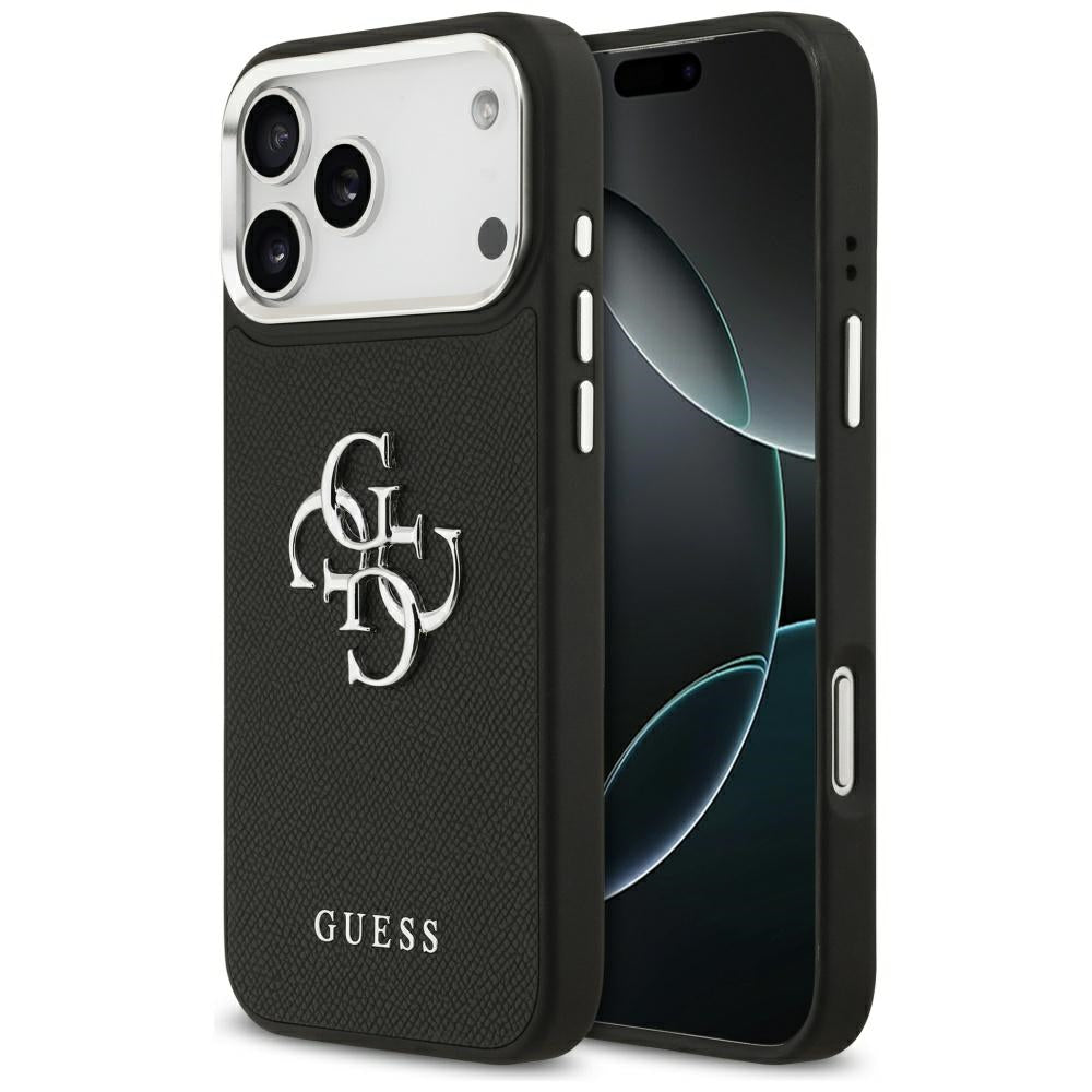Etui na Apple iPhone 17 Pro Max, Guess, 4G Grained Big and Classic Logo, Czarne Srebrne