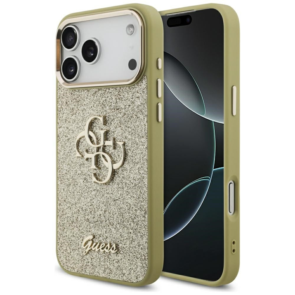 Etui na Apple iPhone 17 Pro Max, Guess, Fixed Glitter Big 4G Metal Frame, Złote