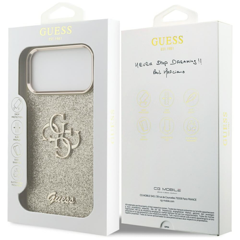 Etui na Apple iPhone 17 Pro Max, Guess, Fixed Glitter Big 4G Metal Frame, Złote