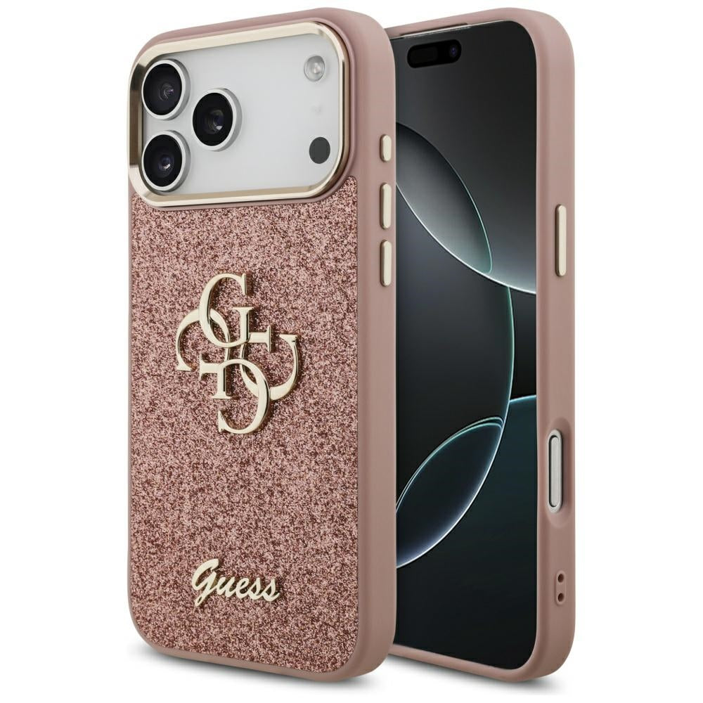 Etui na Apple iPhone 17 Pro Max, Guess, Fixed Glitter Big 4G Metal Frame, Różowy