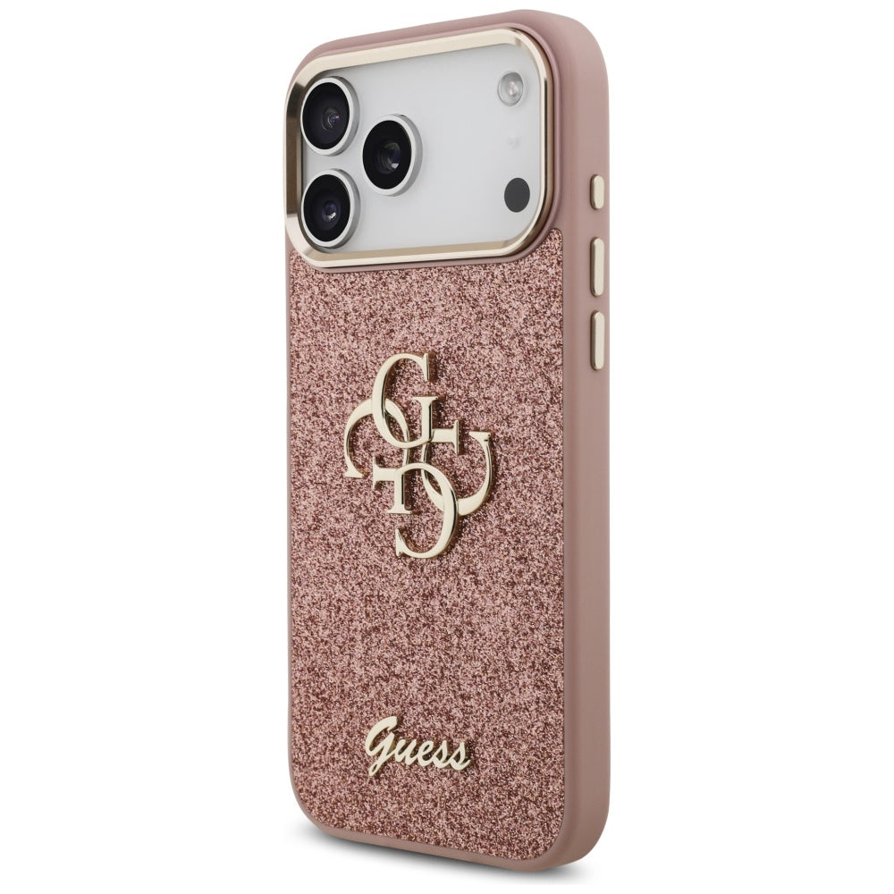 Etui na Apple iPhone 17 Pro Max, Guess, Fixed Glitter Big 4G Metal Frame, Różowy