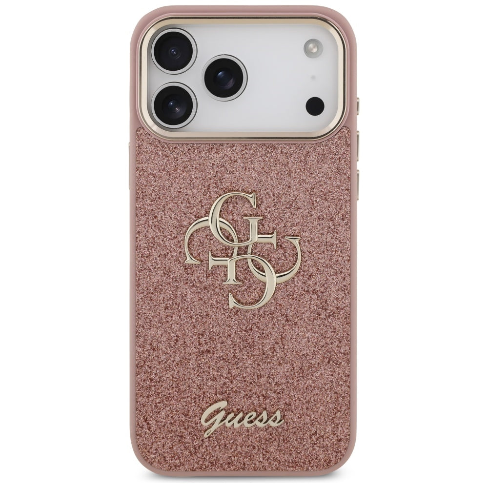 Etui na Apple iPhone 17 Pro Max, Guess, Fixed Glitter Big 4G Metal Frame, Różowy