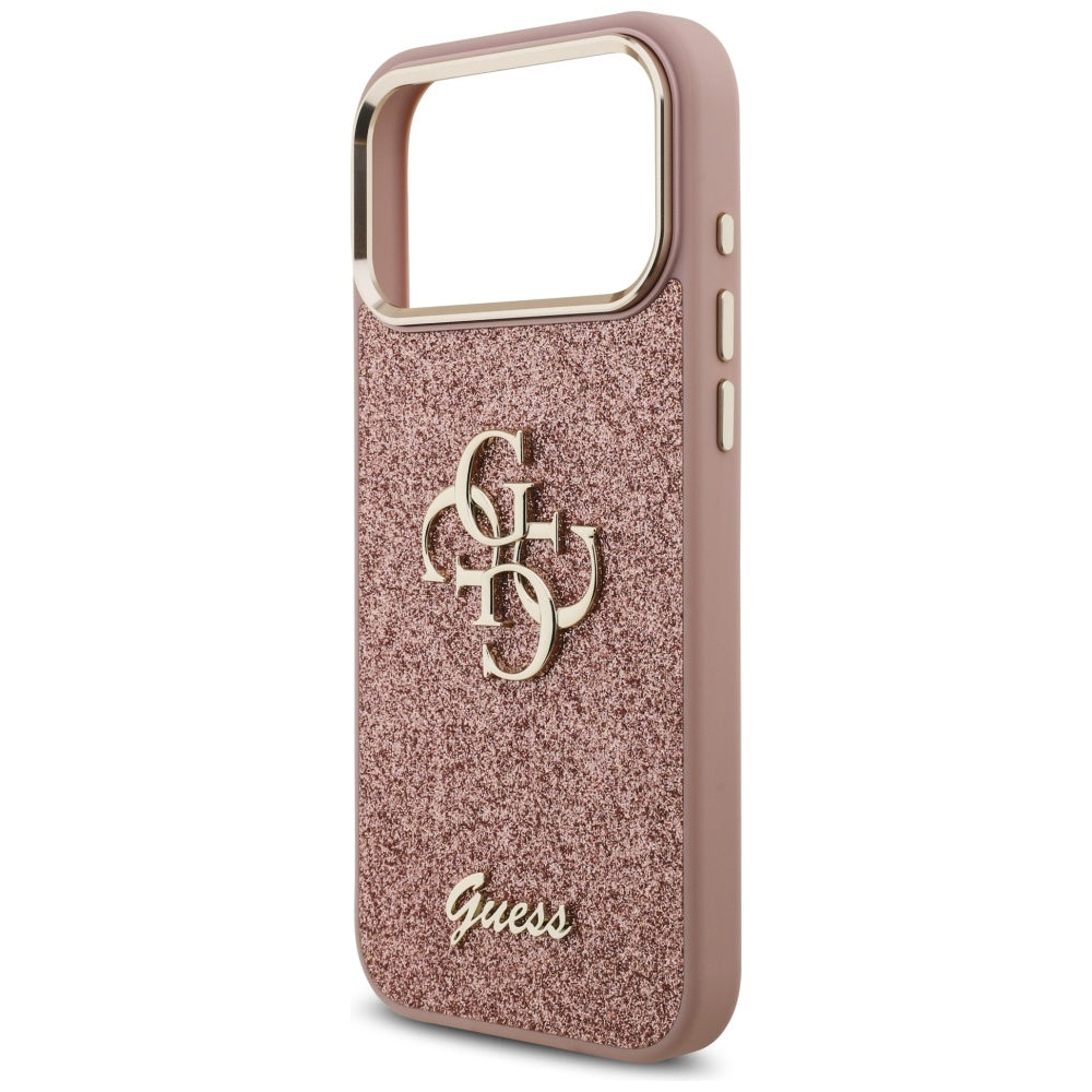 Etui na Apple iPhone 17 Pro Max, Guess, Fixed Glitter Big 4G Metal Frame, Różowy