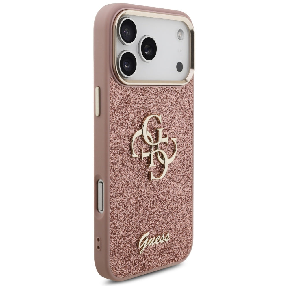 Etui na Apple iPhone 17 Pro Max, Guess, Fixed Glitter Big 4G Metal Frame, Różowy