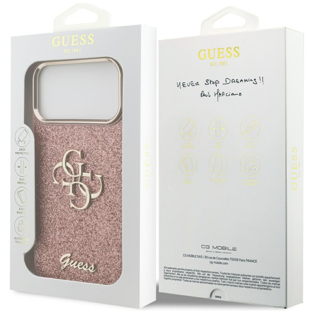 Etui na Apple iPhone 17 Pro Max, Guess, Fixed Glitter Big 4G Metal Frame, Różowy