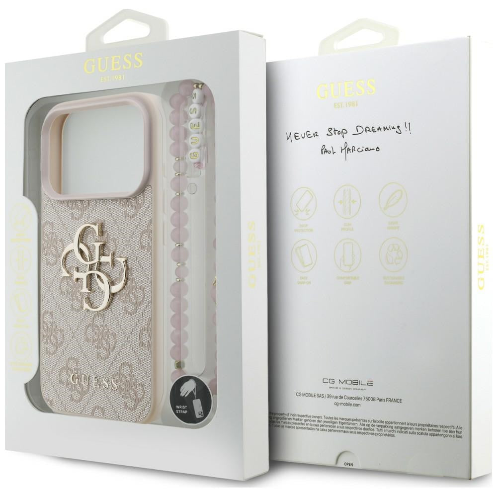 Etui na Apple iPhone 18 Pro / 17 Pro, Guess, 4G Classic Logo z paskiem, różowe