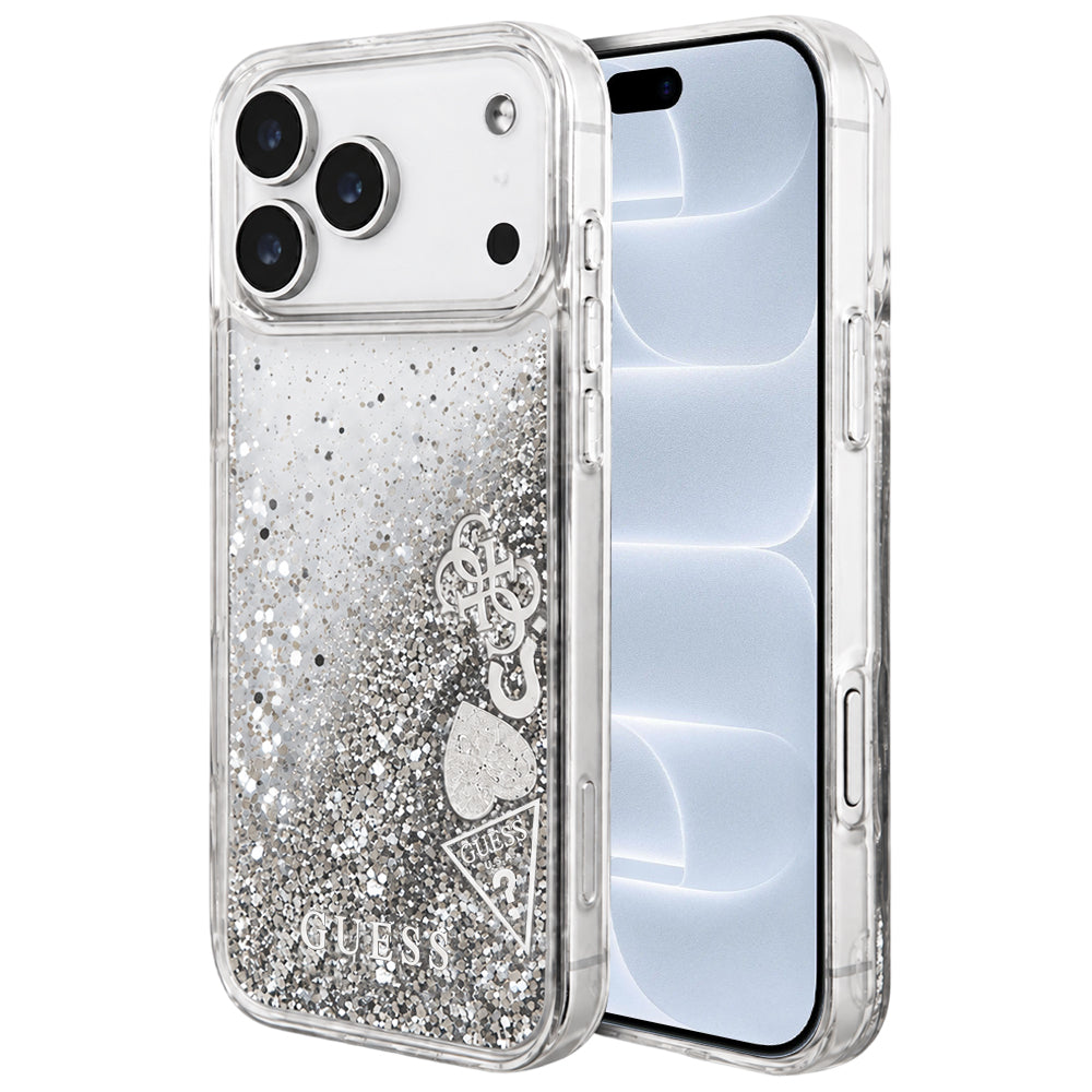 Etui do Apple iPhone 18 Pro / 17 Pro, Guess, Liquid Glitter Charms, srebrne