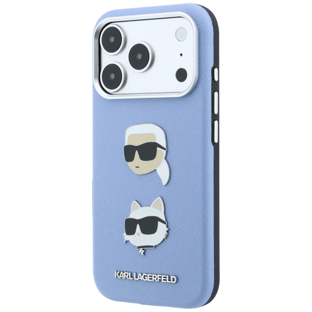 Etui do Apple iPhone 18 Pro / 17 Pro, Karl Lagerfeld, Saffiano z przypinką z głowami Karla i Choupette oraz logo, niebieski