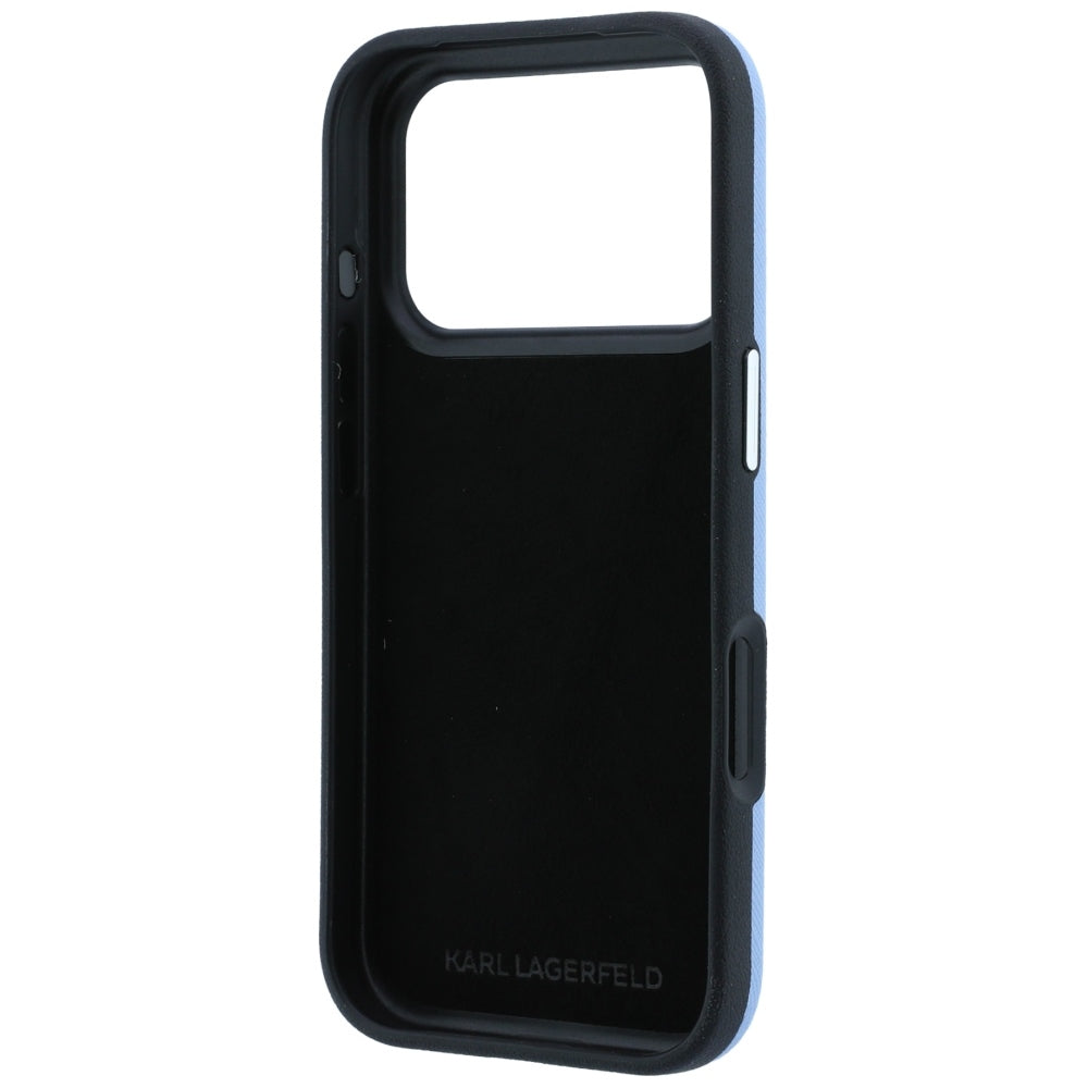 Etui do Apple iPhone 18 Pro / 17 Pro, Karl Lagerfeld, Saffiano z przypinką z głowami Karla i Choupette oraz logo, niebieski