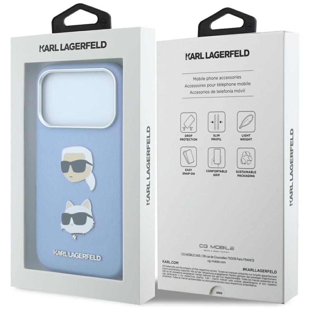 Etui do Apple iPhone 18 Pro / 17 Pro, Karl Lagerfeld, Saffiano z przypinką z głowami Karla i Choupette oraz logo, niebieski
