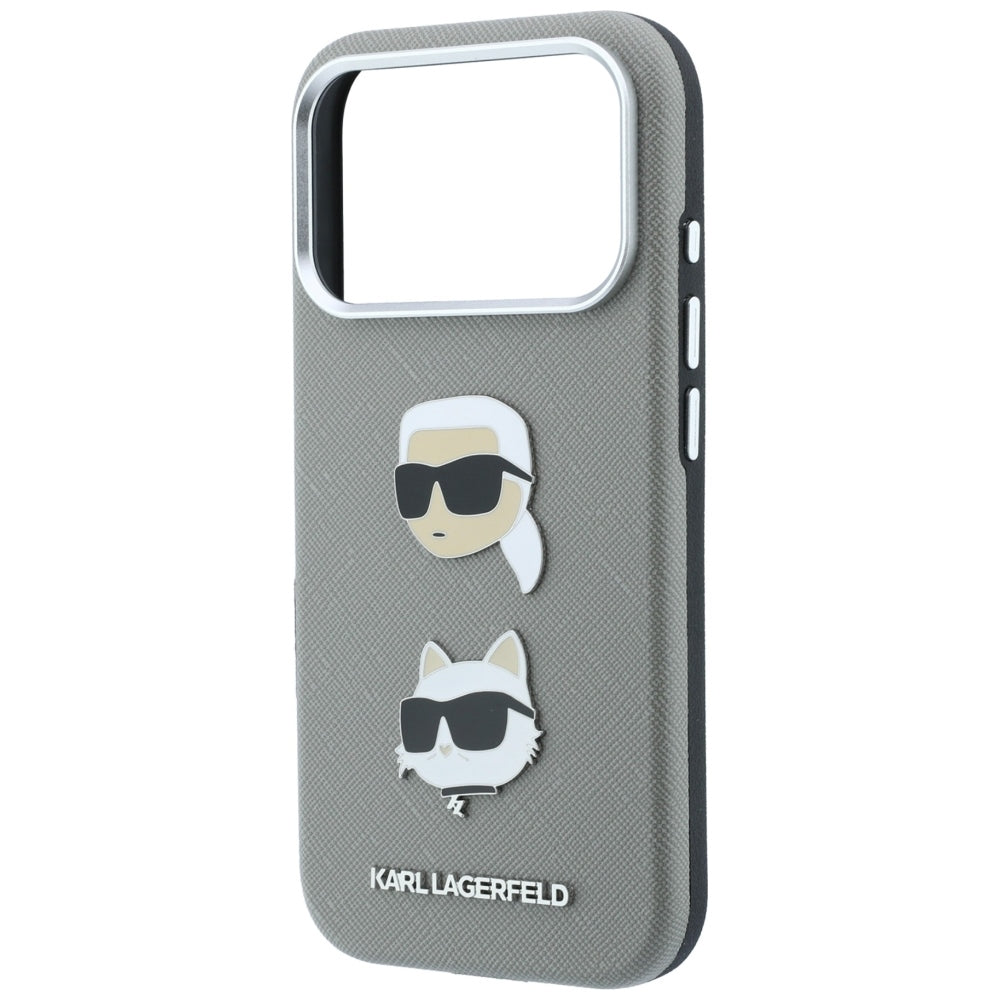 Etui do Apple iPhone 18 Pro / 17 Pro, Karl Lagerfeld, Saffiano z przypinką z głową Karla i Choupette oraz logo, szary