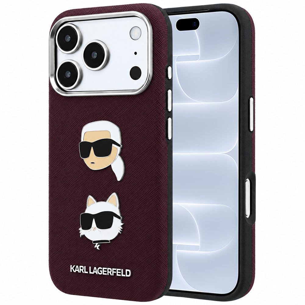 Etui na Apple iPhone 18 Pro / 17 Pro, Karl Lagerfeld, Saffiano z przypinką i logo głowy Karla & Choupette, Bordowe