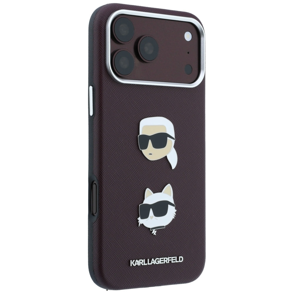 Etui na Apple iPhone 18 Pro / 17 Pro, Karl Lagerfeld, Saffiano z przypinką i logo głowy Karla & Choupette, Bordowe