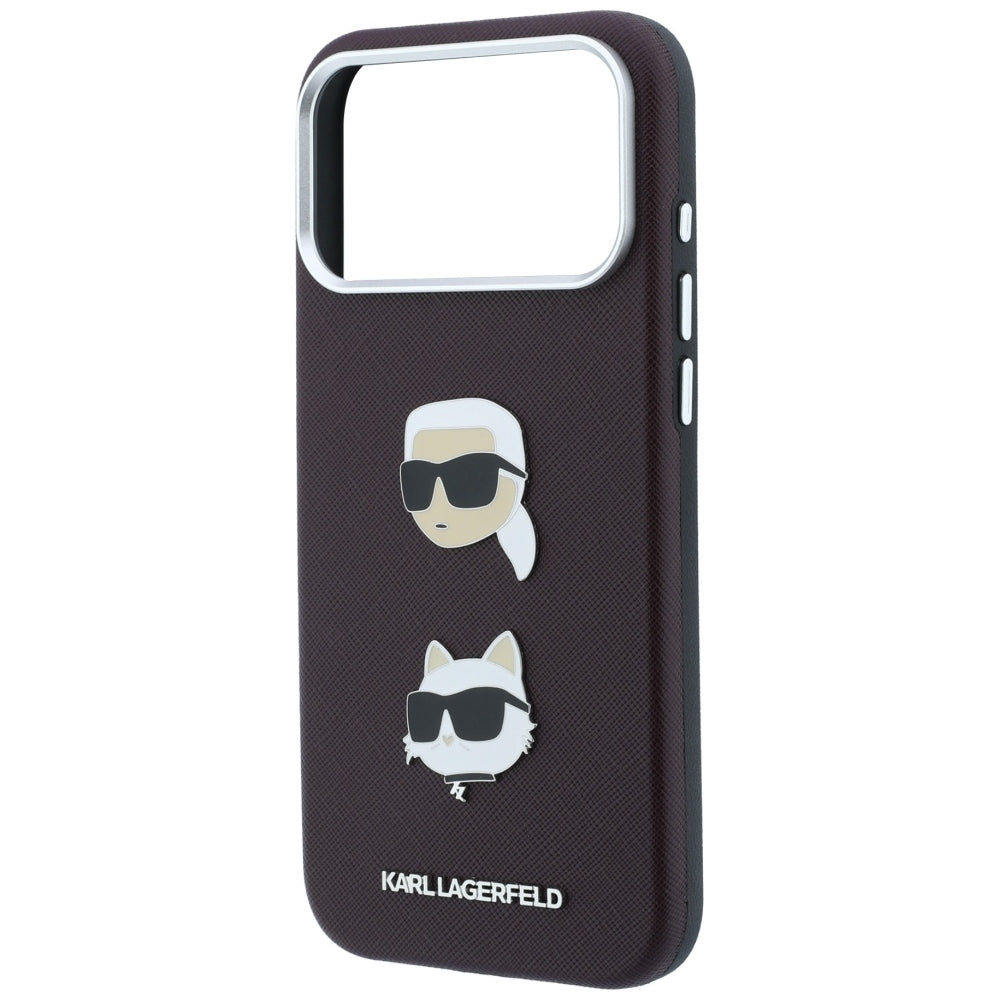 Etui na Apple iPhone 18 Pro / 17 Pro, Karl Lagerfeld, Saffiano z przypinką i logo głowy Karla & Choupette, Bordowe