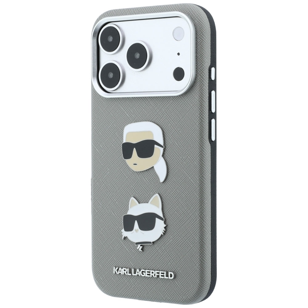 Etui do Apple iPhone 18 Pro Max / 17 Pro Max, Karl Lagerfeld, Saffiano z przypinką z głowami Karla i Choupette oraz logo, szary