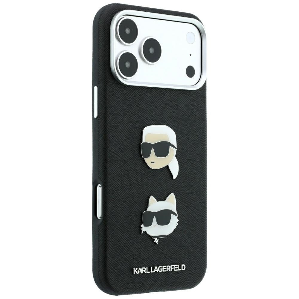 Etui na Apple iPhone 18 Pro Max / 17 Pro Max, Karl Lagerfeld, Saffiano z przypinką i logo Karl & Choupette Head, czarne