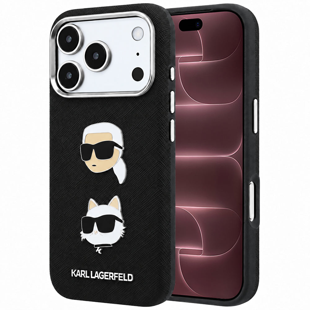 Etui na Apple iPhone 18 Pro Max / 17 Pro Max, Karl Lagerfeld, Saffiano z przypinką i logo Karl & Choupette Head, czarne