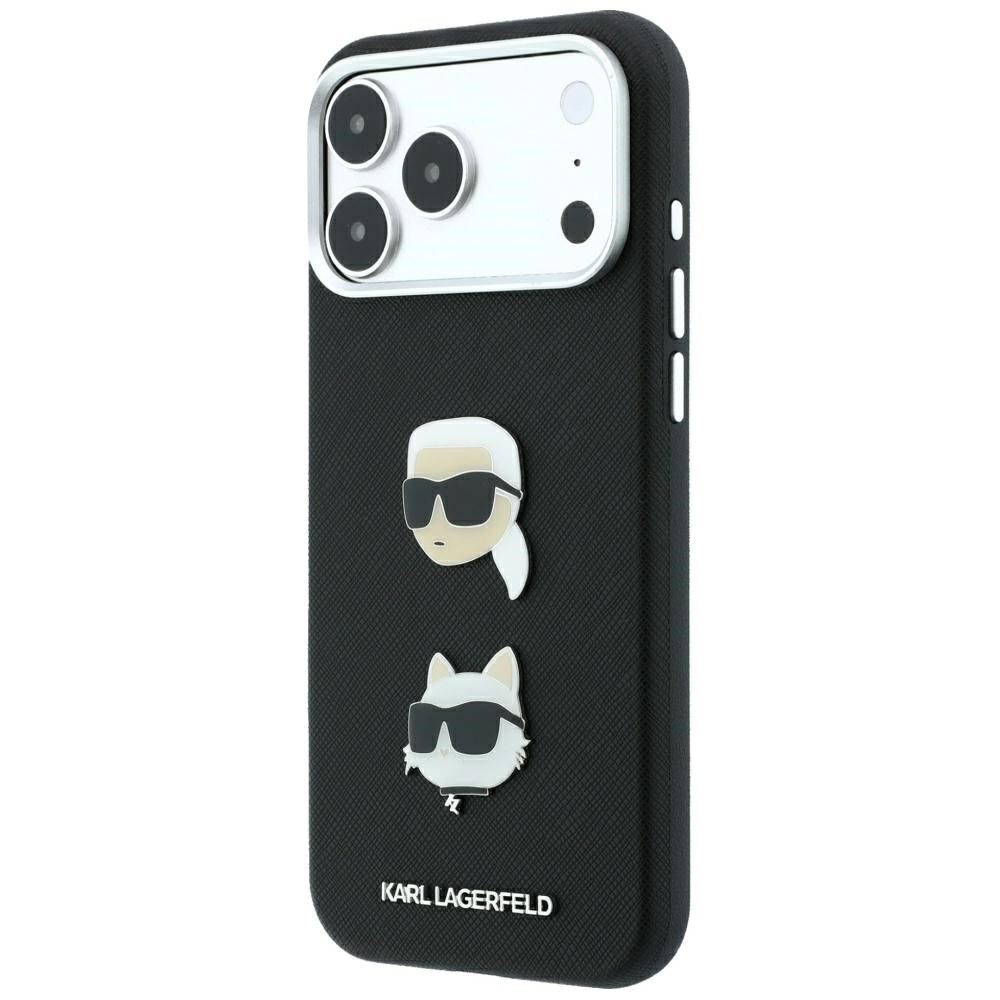 Etui na Apple iPhone 18 Pro Max / 17 Pro Max, Karl Lagerfeld, Saffiano z przypinką i logo Karl & Choupette Head, czarne