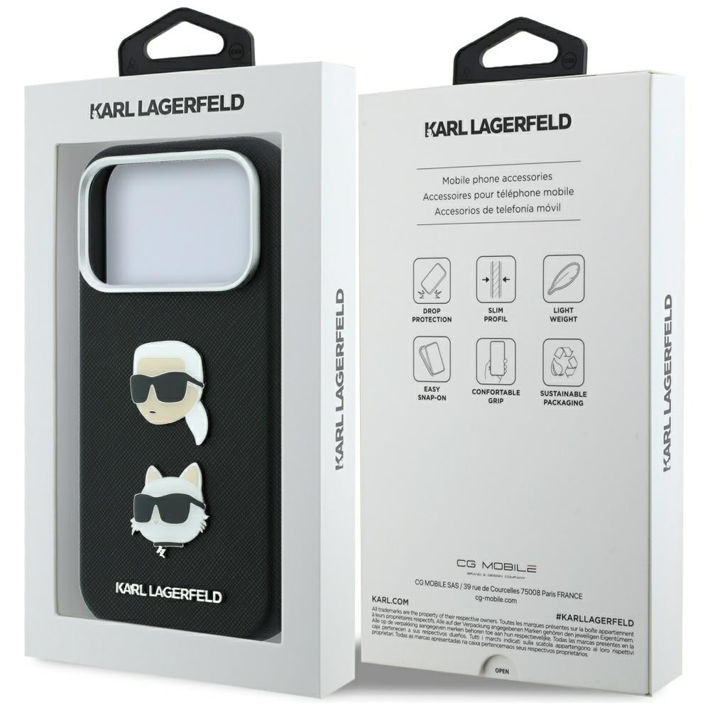 Etui na Apple iPhone 18 Pro Max / 17 Pro Max, Karl Lagerfeld, Saffiano z przypinką i logo Karl & Choupette Head, czarne