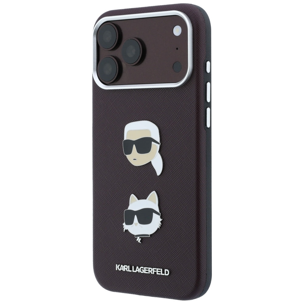 Etui na Apple iPhone 18 Pro Max / 17 Pro Max, Karl Lagerfeld, Saffiano z przypinką i logo głowy Karla & Choupette, wiśniowe