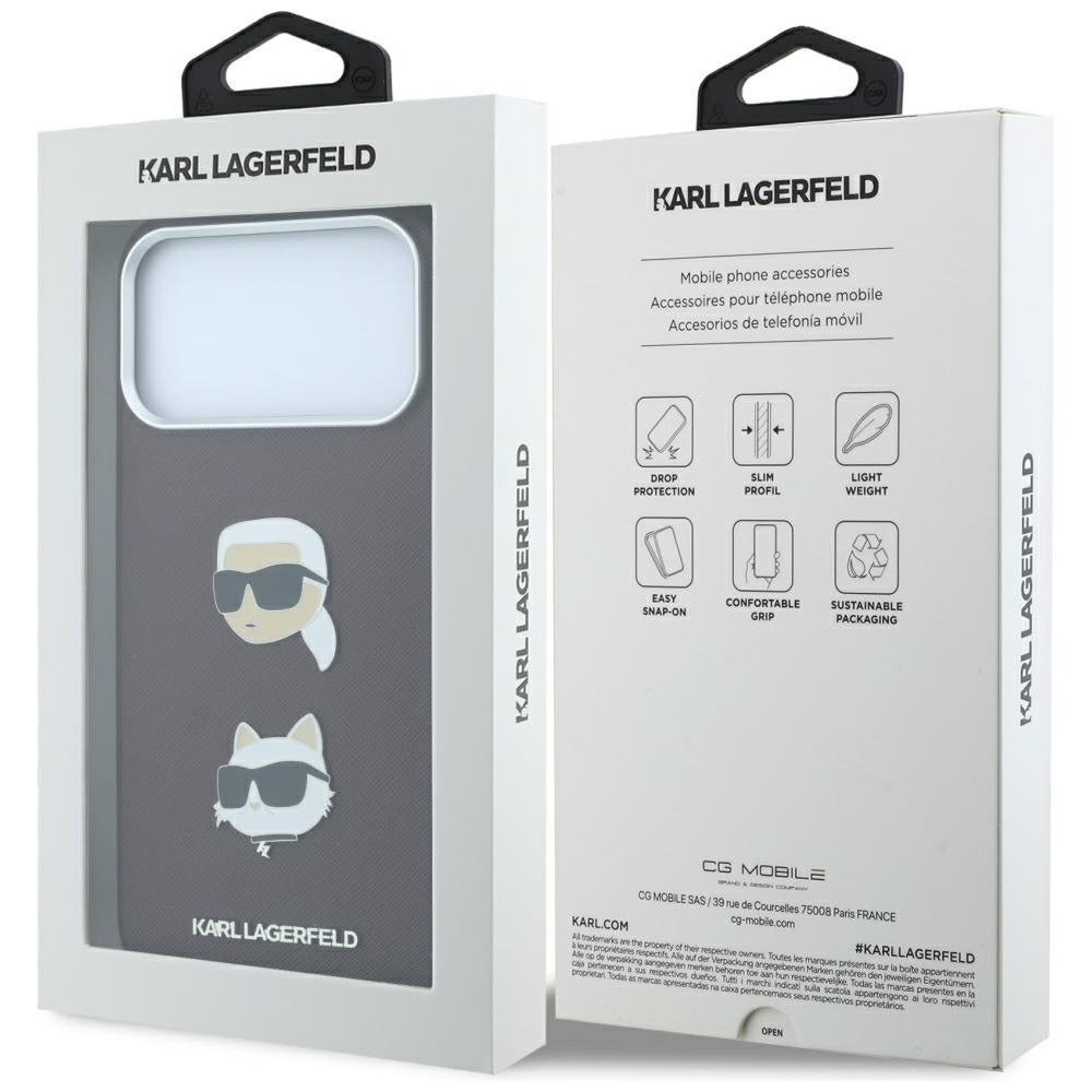 Etui na Apple iPhone 18 Pro Max / 17 Pro Max, Karl Lagerfeld, Saffiano z przypinką i logo głowy Karla & Choupette, wiśniowe